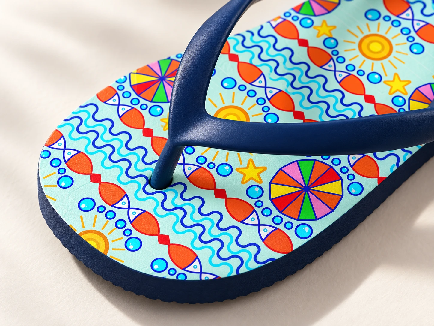 Detalhe da textura da borracha, tira azul e estampa do chinelo