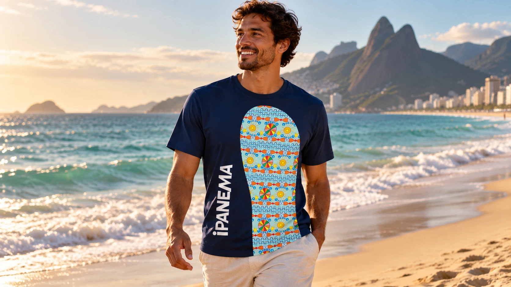 Pessoa na praia usando camiseta azul-marinho com silhueta estampada e inscrição Ipanema vertical