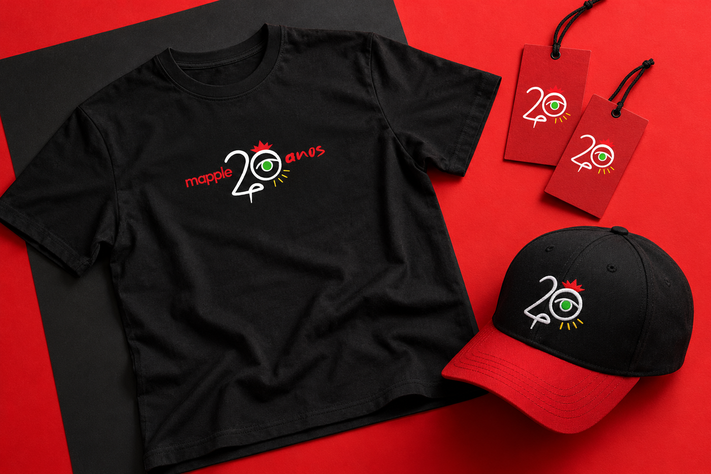 Mockup conceitual de camiseta, boné e etiquetas
